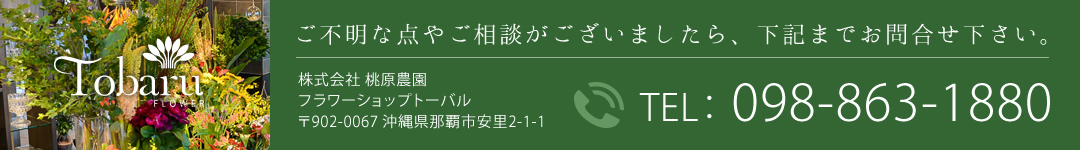 ご不明な点やご相談がございましたら、お問合せ下さい。株式会社 桃原農園 フラワーショップトーバル 〒902-0067 沖縄県那覇市安里2-1-1 TEL： 098-863-1880